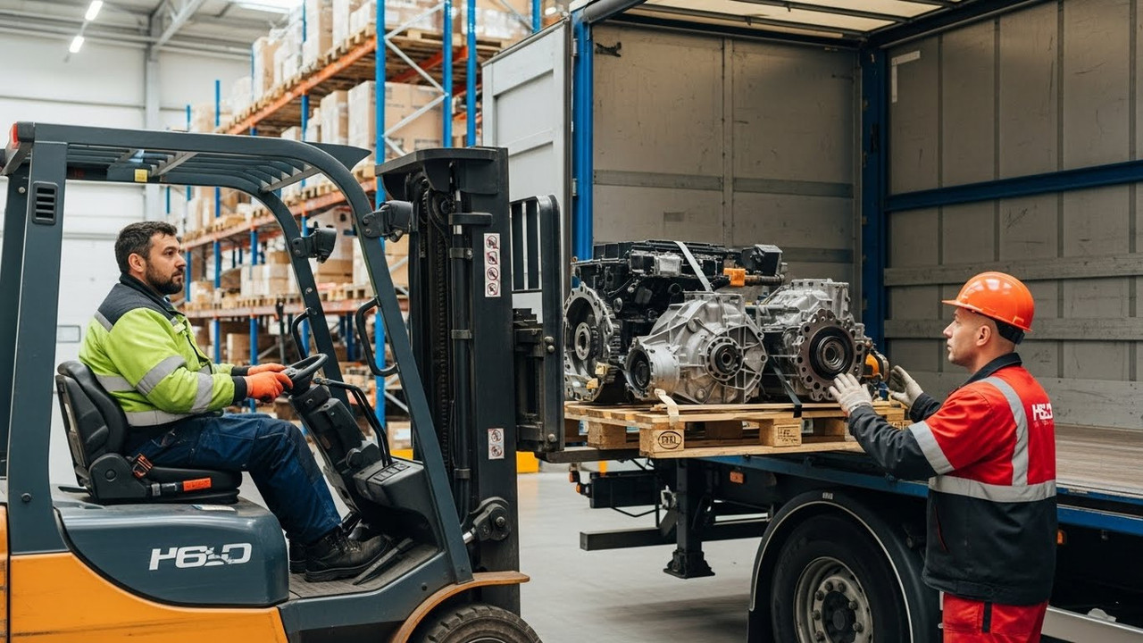 Погрузка паллет с крупными запчастями для спецтехники в грузовик