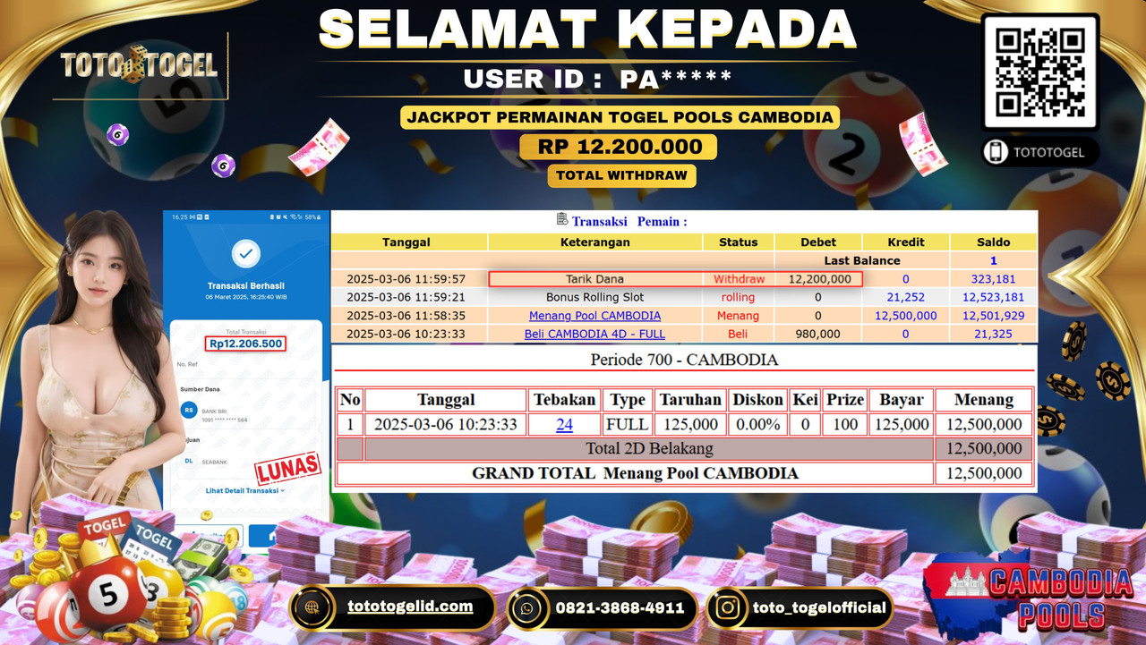 Bukti Pembayaran Jackpot  Permainan Togel Pools Cambodia  ID:PA***** LUNAS