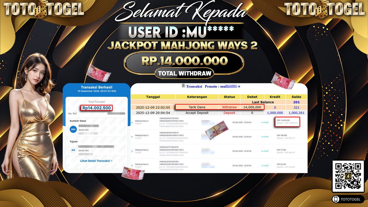 Bukti Pembayaran Jackpot Permainan Slot Mahjong Ways 2 ID:MU***** LUNAS