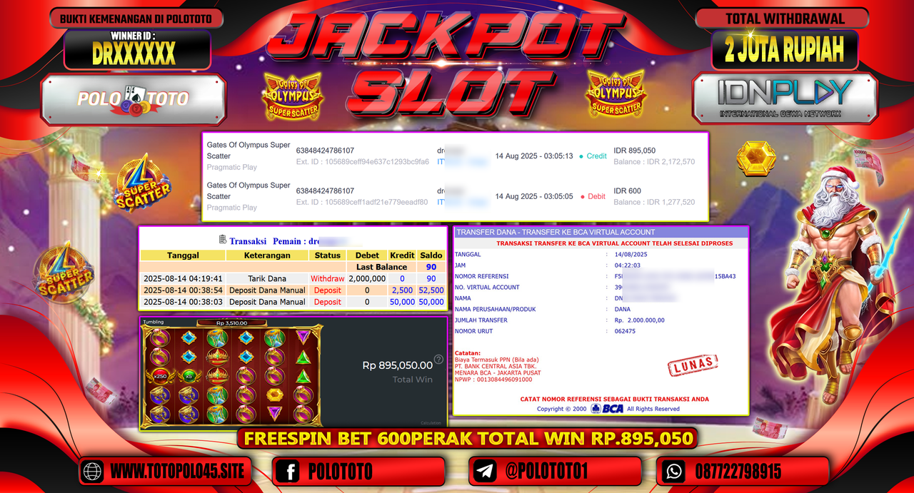 POLOTOTO JACKPOT SLOT GATES OF OLYMPUS SUPER SCATTER Rp.2.000.000,-LUNAS