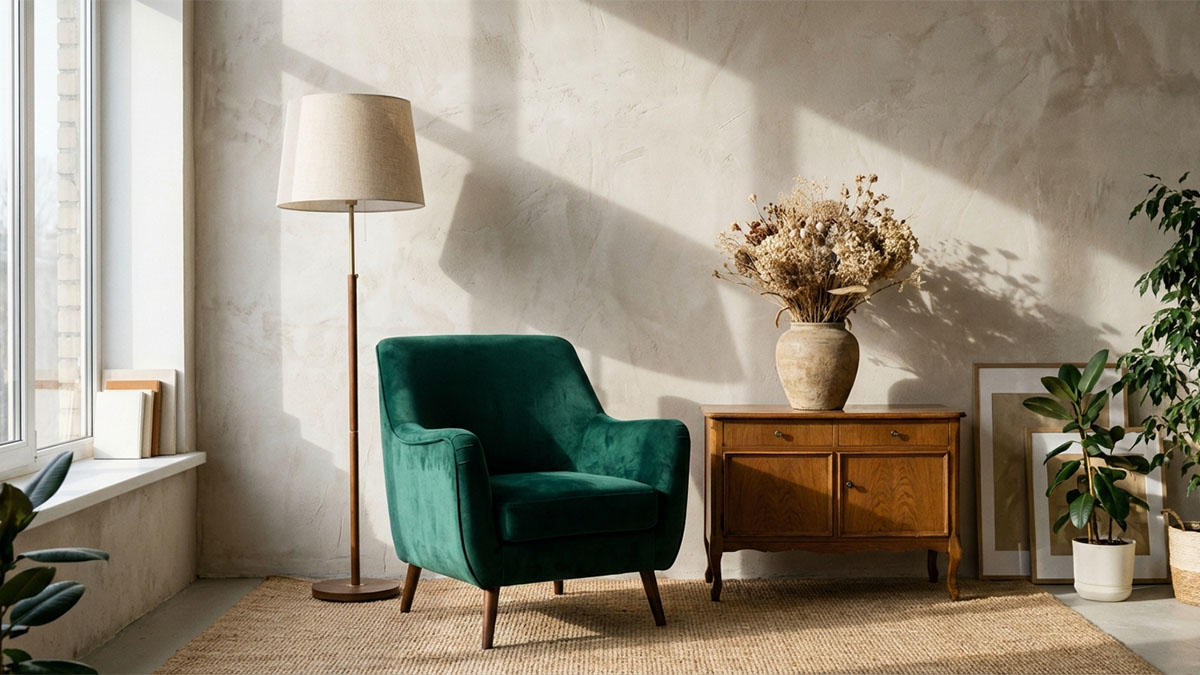 Стильная фотозона с бархатным креслом и винтажными деталями