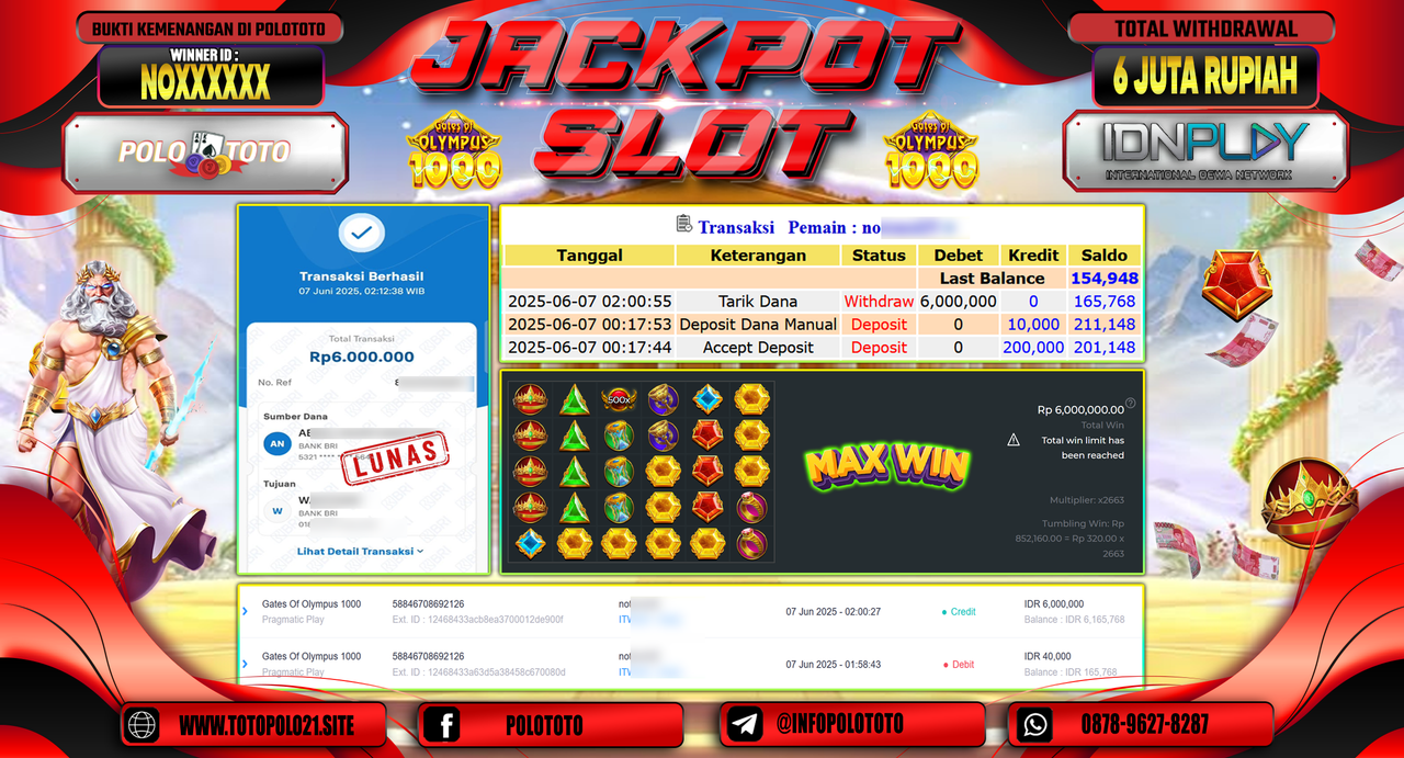 POLOTOTO JACKPOT SLOT GATES OF OLYMPUS 1000 Rp.6.000.000,-