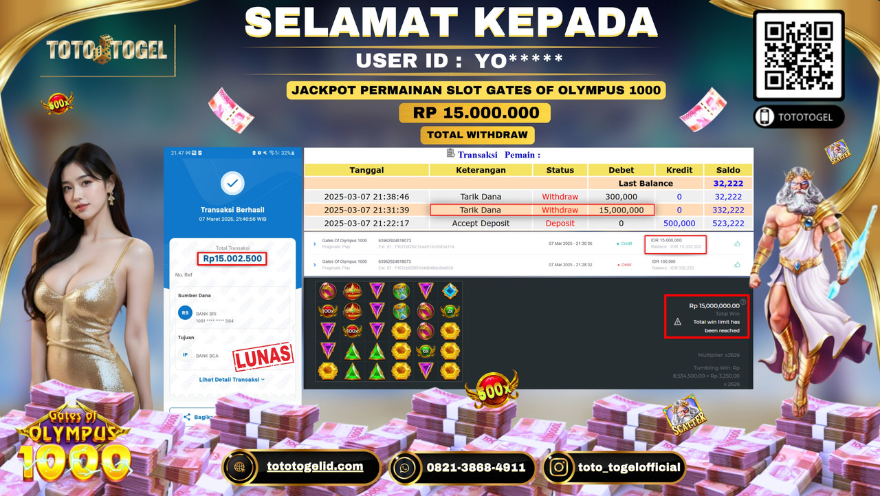 Bukti Pembayaran Jackpot  Permainan Slot Gates Of Olympus 1000  ID:YO***** LUNAS
