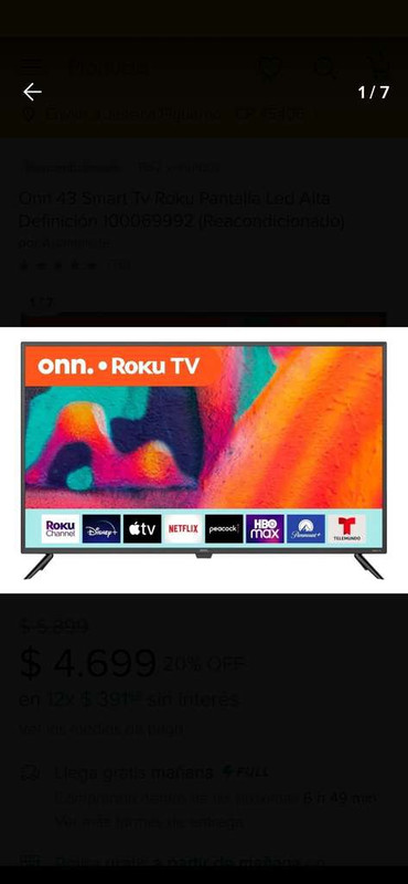 Mercado libre: Pantalla Onn 43 pulgadas smart Roku TV (reacondicionada) | Precio pagando con TDC Banorte