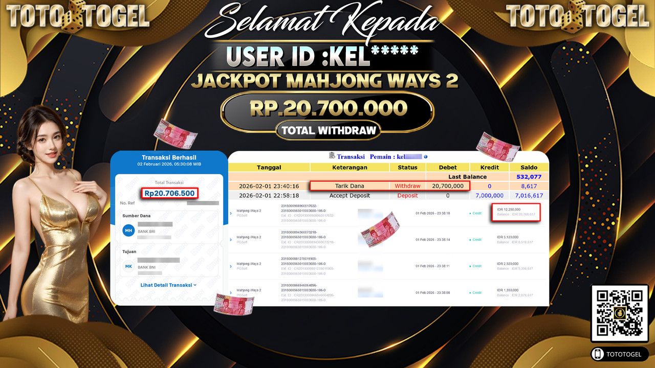 Bukti Pembayaran Jackpot Permainan Slot Mahjong Ways 2 ID:KEL*****LUNAS