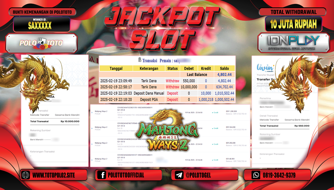 POLOTOTO JACKPOT SLOT MAHJONG WAYS 2 Rp.10.000.000,-