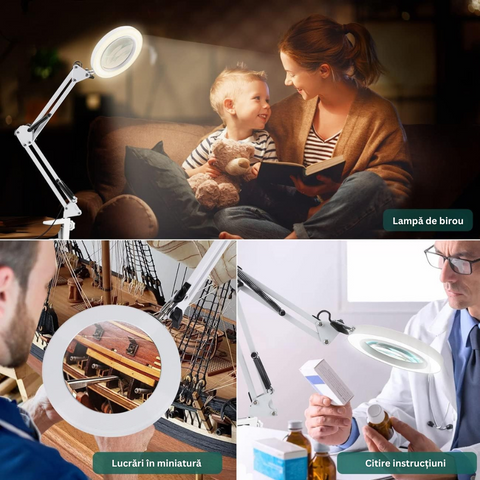 Lupa de Masa LED, Marire 3x, 10 Niveluri de Intensitate, 3 Moduri de Iluminare, Brat Ajustabil, pentru Reparatii Electronice, Manichiura, Tatuaje, Mestesuguri si Lucrari Apropiate, Alimentare USB, Alb