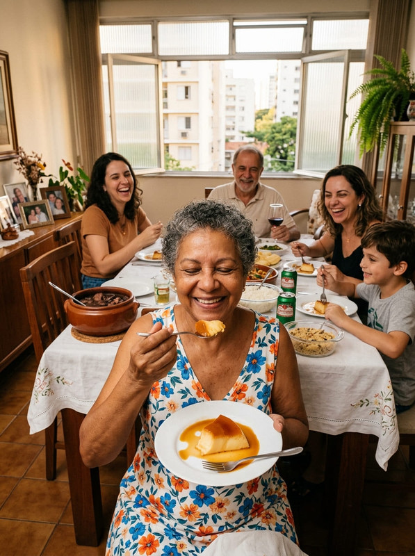 Mulher comendo pudim com alegria