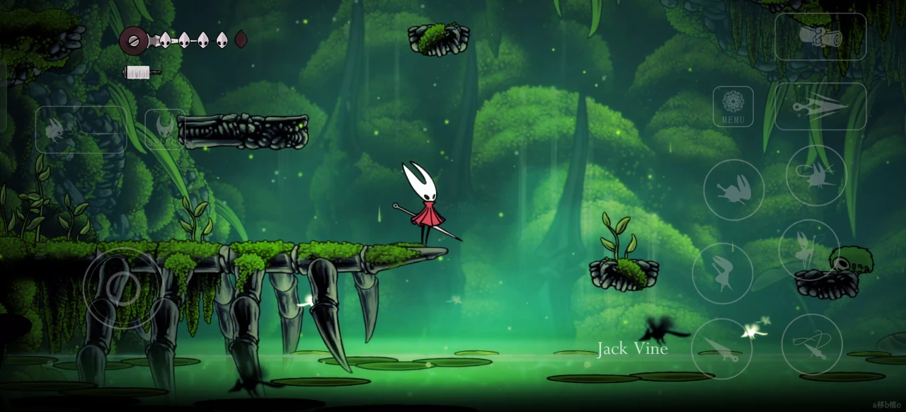 Hornet beside a fallen cage in a green cavern.