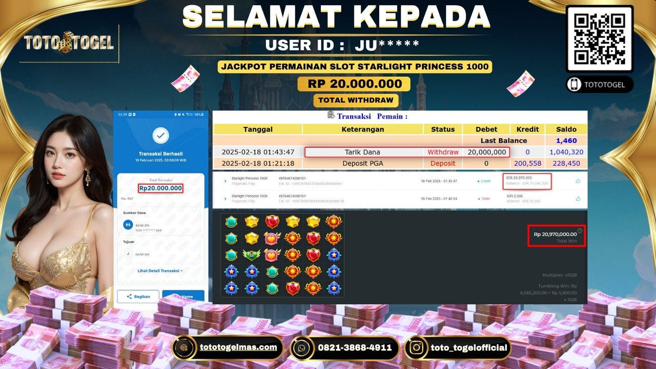 Bukti Pembayaran Jackpot  Permainan Slot Starlight Princess 1000  ID:JU**** LUNAS