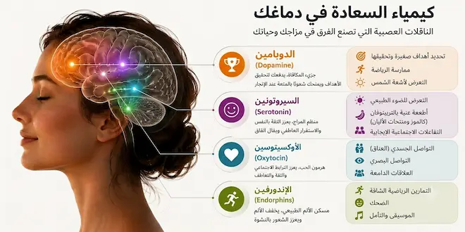 إنفوجرافيك يوضح كيمياء السعادة في الدماغ والناقلات