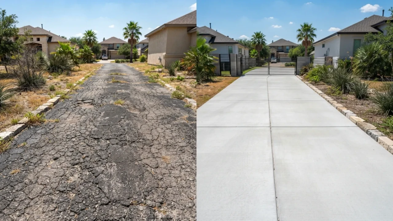 Asphalt driveway cracking and deteriorating in San Antonio Texas heat compared to concrete longevity