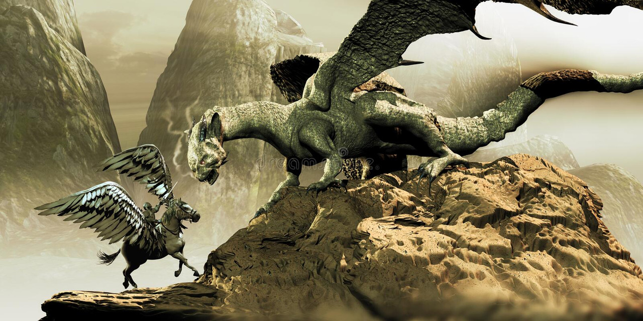 batalla-épica-contra-el-dragón-caballero-con-una-espada-montando-un-legendario-caballo-pegasus-alas-