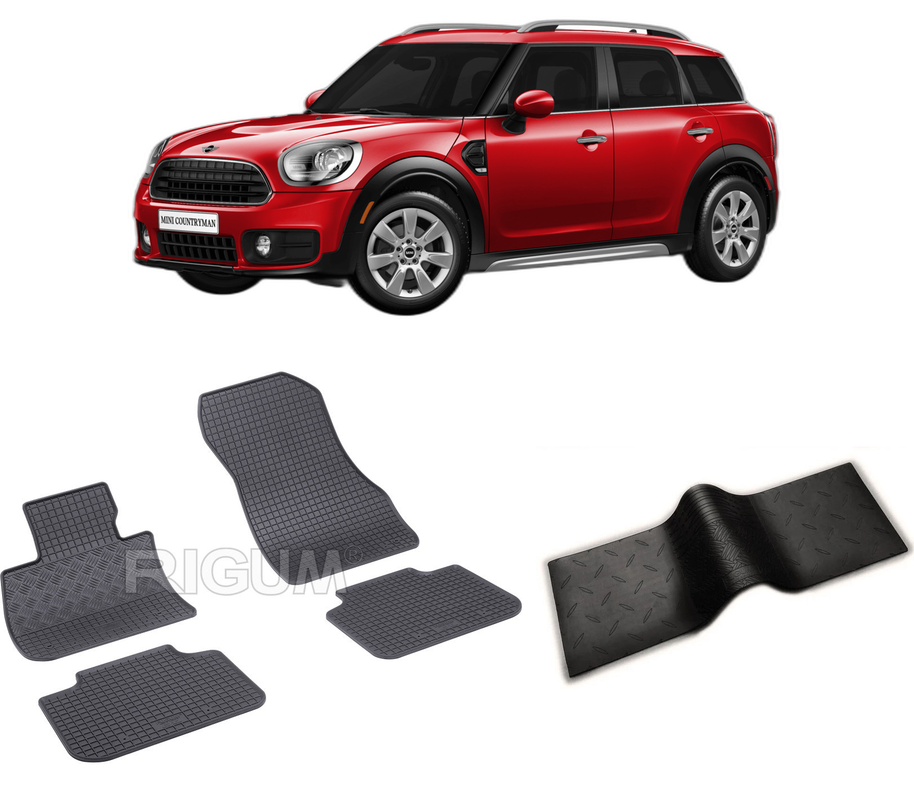 Set covorase auto MINI COUNTRYMAN II din 02.2017-10.2023, cu covoras tunel median, CAROSERIE SUV, Presuri cauciuc 100%, compatibil cu autoturismul MINI COUNTRYMAN II, Rigum