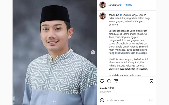 Sandiaga Uno mengajak masyarakat melakukan sholat ghaib untuk mendiang Emmeril Khan Mumtadz.