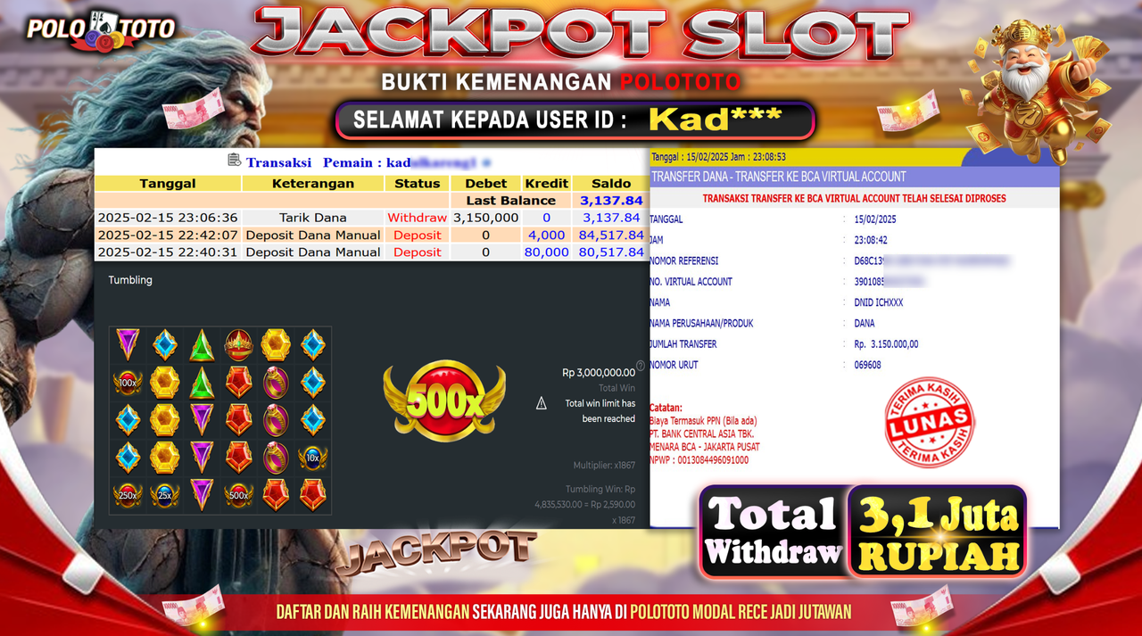 POLOTOTO JACKPOT SLOT GATES OF OLYMPUS Rp.3.150.000,-