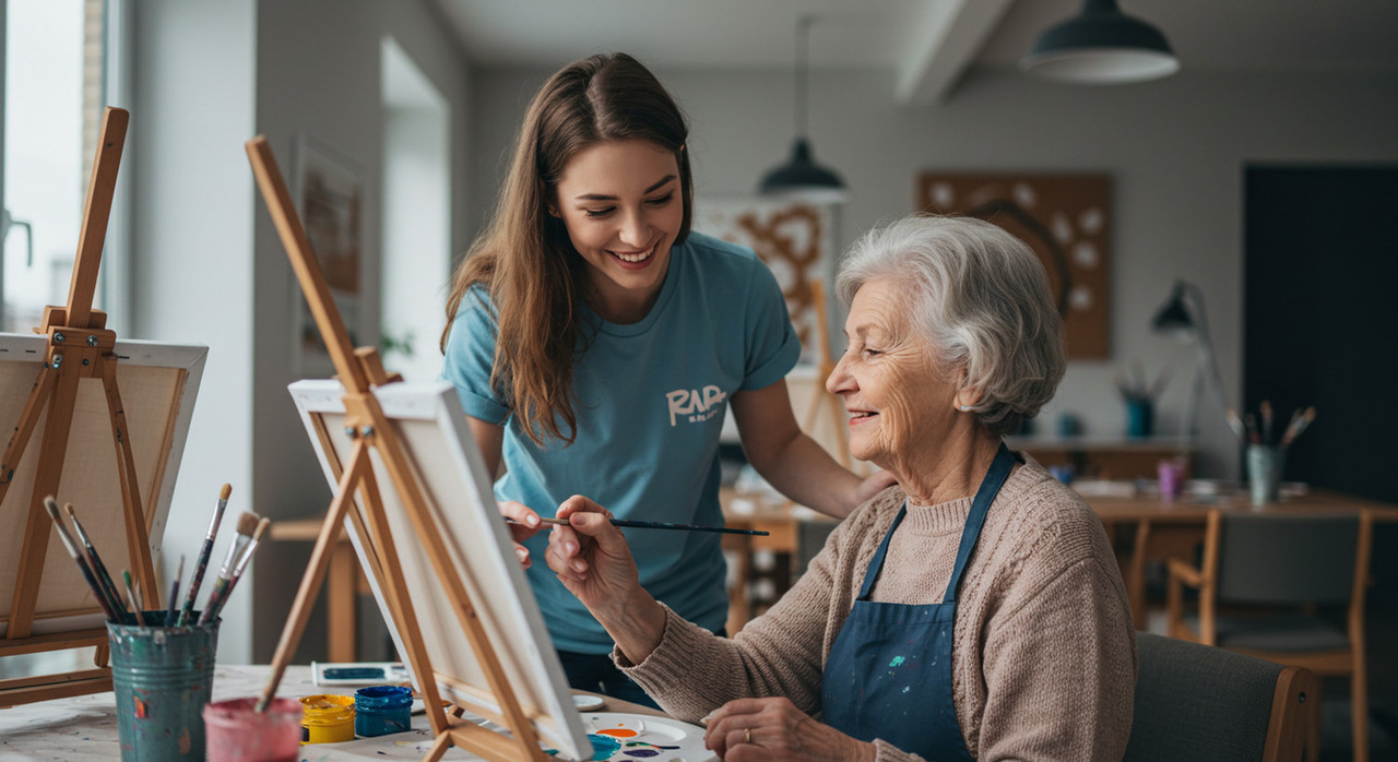 Творческий мастер-класс с рисующей на холсте пожилой женщиной