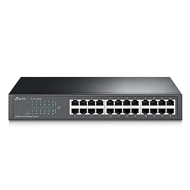 Vista detalhada das portas do Switch TP-Link TL-SF1024D, evidenciando a numeração e os LEDs.