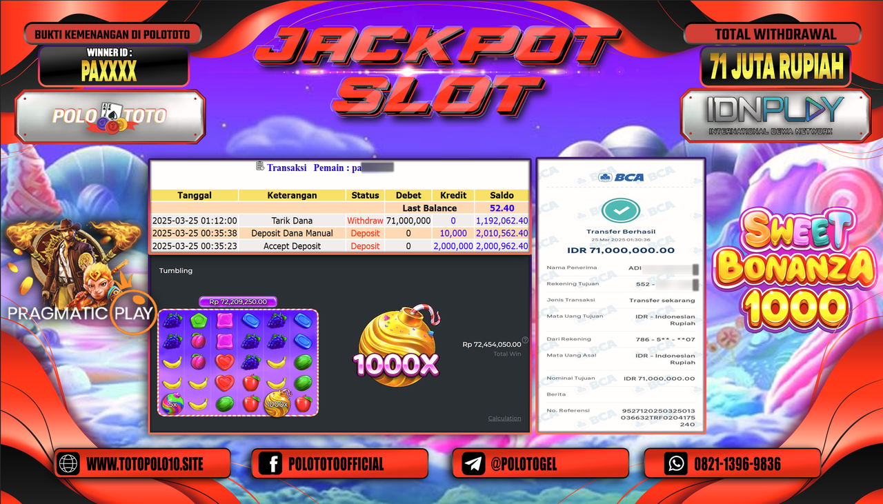 POLOTOTO JACKPOT SLOT SWEET BONANZA 1000 Rp.71.000.000,-