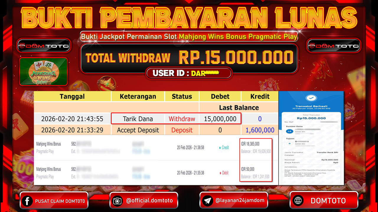 JACKPOT SLOT Mahjong Wins Bonus Pragmatic Play 20 FEBRUARI 2026