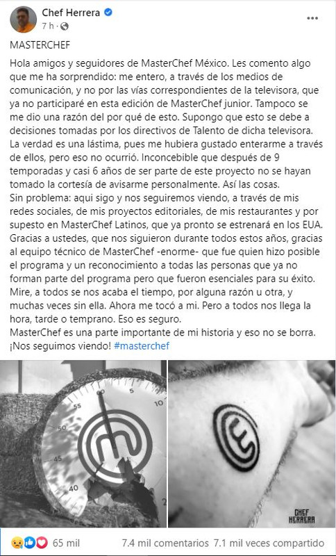 Chef Herrera confirma que no estará en