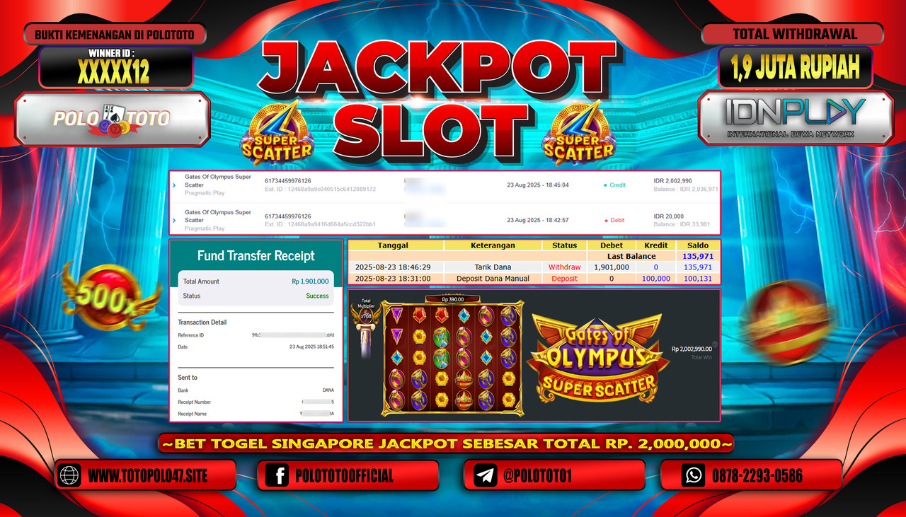 POLOTOTO JACKPOT SLOT GATES OF OLYMPUS SUPER SCATTER Rp.1.900.000,- LUNAS