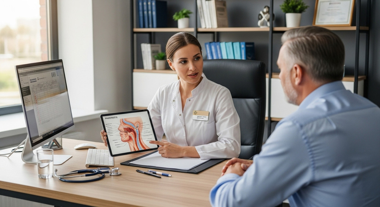 Врач объясняет пациенту комплексную схему лечения и профилактики фарингита.