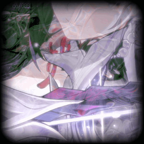 gif of an edited image of hysilens playing her violin-like weapon with blurring on the sides and water gif overlay