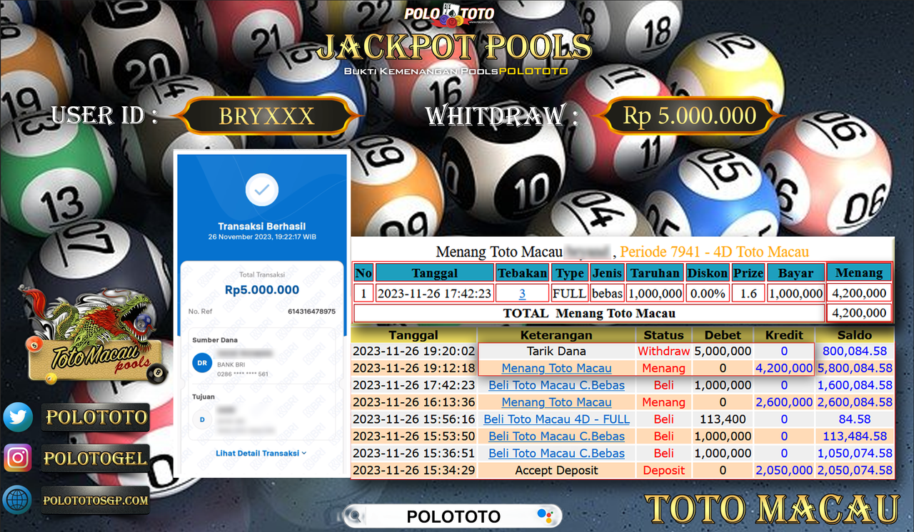 BUKTI PEMBAYARAN JACKPOT DIPOLOTOTO DIBAYAR LUNAS!!!