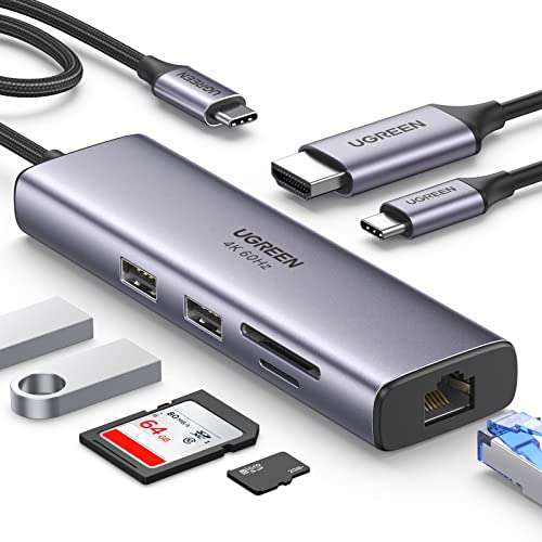 Amazon: UGREEN Hub USB C, 7 en 1 Adaptador USB C a HDMI 4K 60Hz, Gigabit Ethernet, 100W PD Carga, Lector de Tarjetas SD TF 
