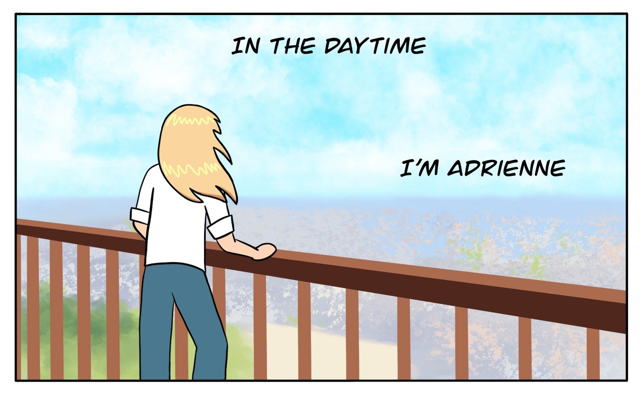 Adrienne stands facing away from the camera, her hands resting on a railing as she looks out over the Paris skyline. Her hair is blowing in the wind. (You can't necessarily tell from the picture, but for context she's on the balcony at the top of the Eiffel Tower.) The text at the top center of the panel says "In the daytime" and the text below it and to the left says "I'm Adrienne".  Adrienne's physical appearance is mostly the same as Adrien's is in the tv show Miraculous. The main differences are that her hair is longer and looks more feminine, and her body has slight curves at her chest and hips that are mostly hidden by her clothes.