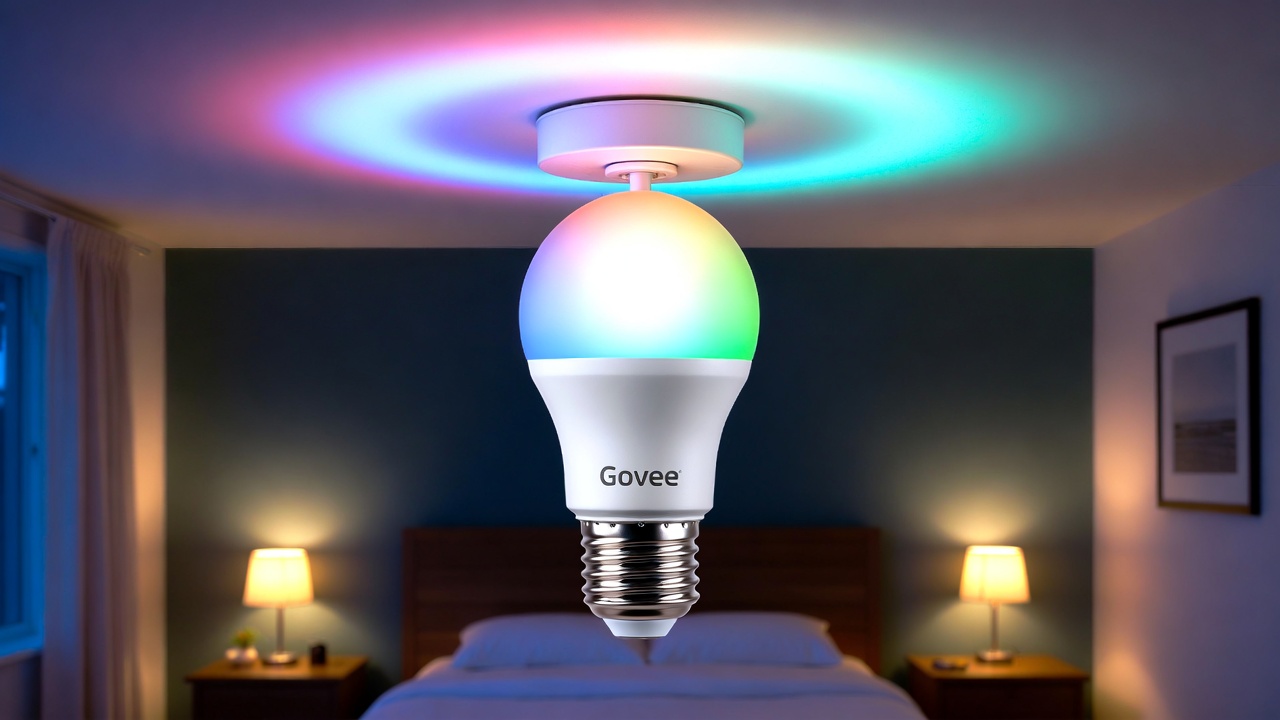 Govee smart bulb showing multiple color options including red blue green and warm white in a bedroom setting