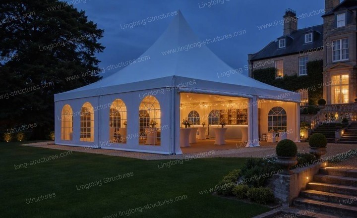 Pagoda wedding marquee used for corporate annual meeting and gala dinner