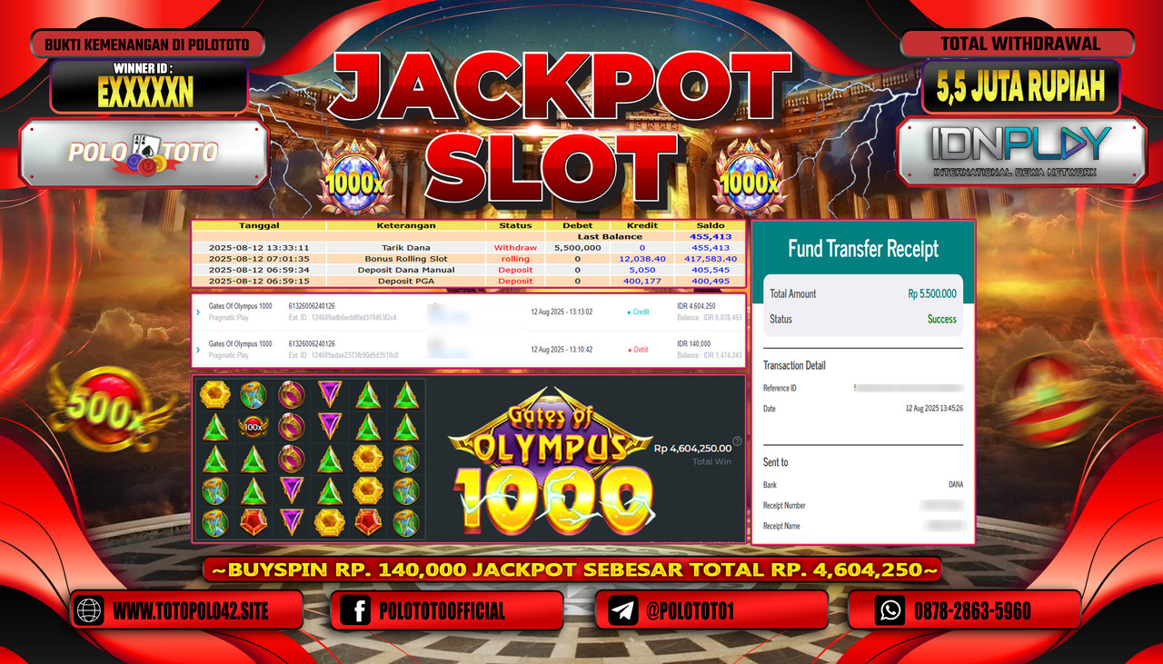 POLOTOTO JACKPOT SLOT GATES OF OLYMPUS 1000 Rp.5.500.000,-LUNAS