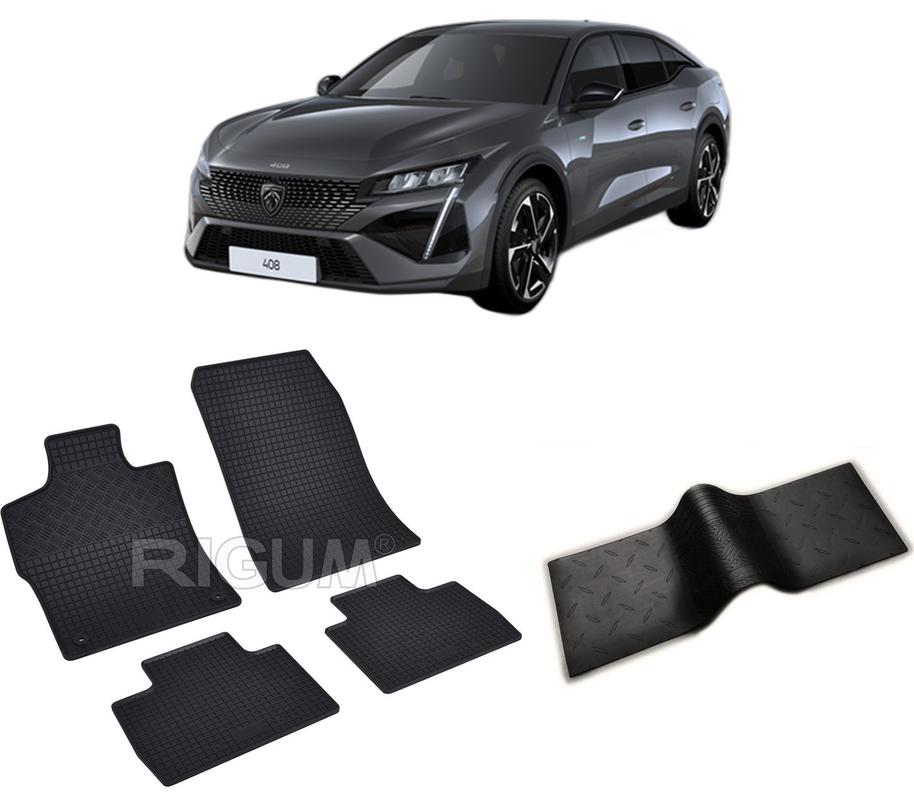 Set covorase auto PEUGEOT 408 PHEV din 2023-PREZENT, cu covoras tunel median, CAROSERIE SUV, Presuri cauciuc 100%, compatibil cu autoturismul PEUGEOT 408 PHEV, Rigum