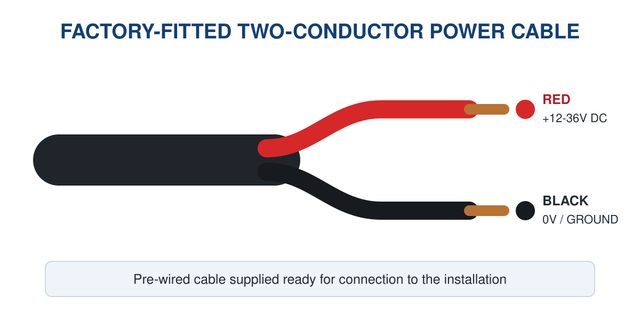 DSG21 factory-fitted two-conductor power cable showing red positive and black ground connections