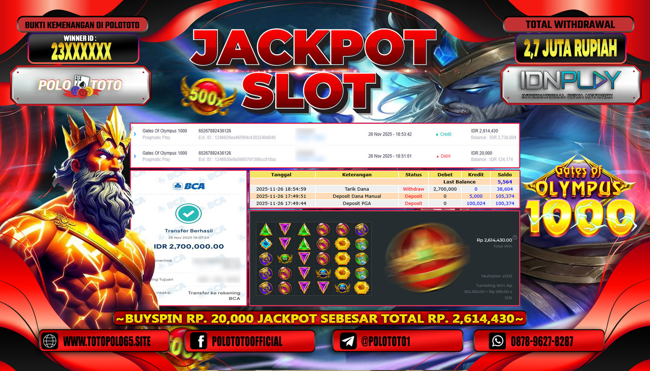 POLOTOTO JACKPOT SLOT GATES OF OLYMPUS 1000 Rp.2.700.000,- LUNAS