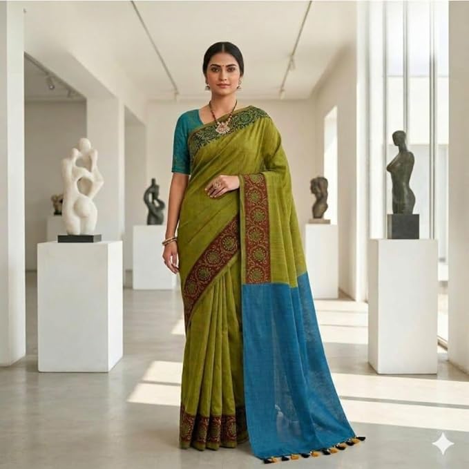 Qyaari Khadi Cotton Saree | Elegant Soft Cotton Saree | Lightweight Ethnic Wear for Women with Blouse Piece