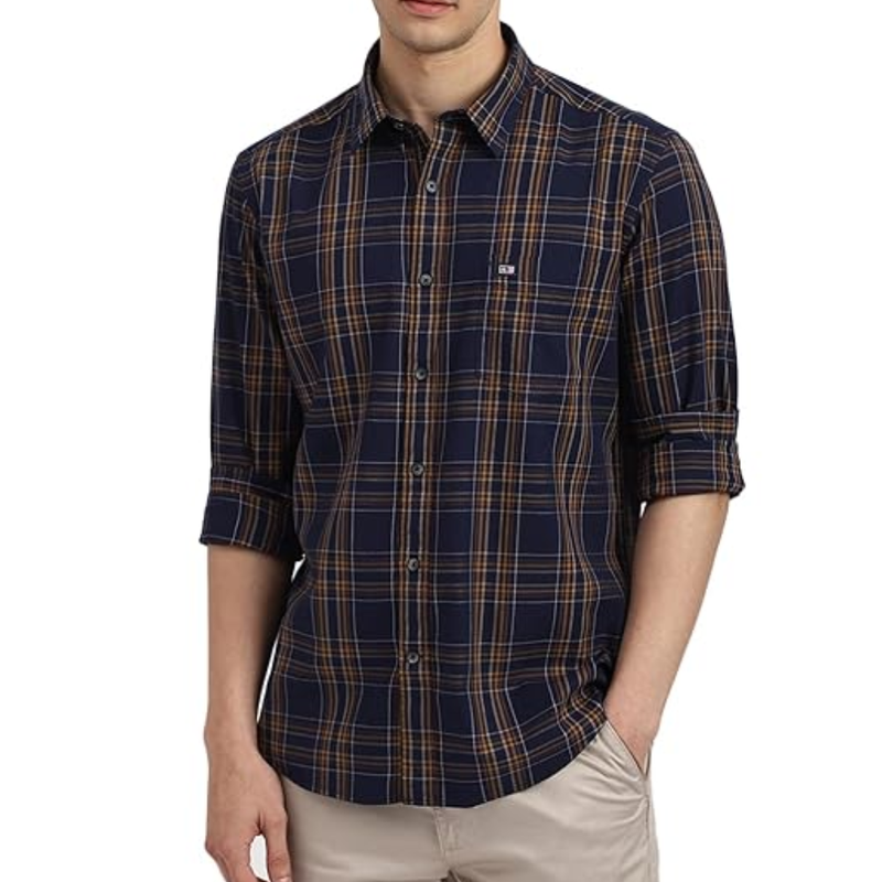 Arrow Men’s Dark Blue Checkered Slim Fit Cotton Shirt