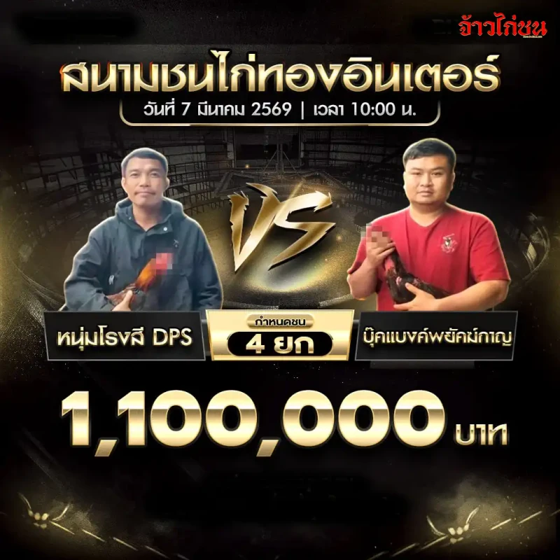 โปรแกรมไก่ชน หนุ่มโรงสี DPS พบ บุ๊คแบงค์พยัคฆ์กาญ สนามชนไก่ทองอินเตอร์ วันที่ 7 มีนาคม 2569