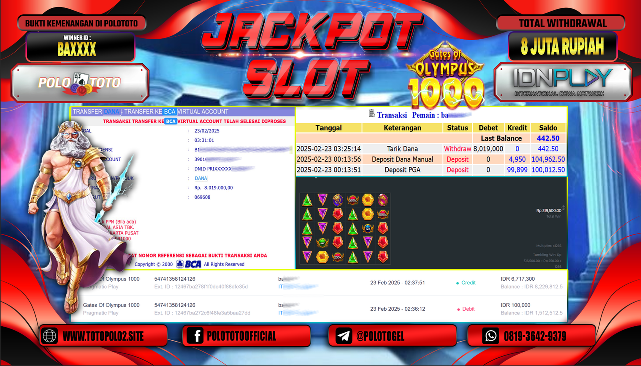 POLOTOTO JACKPOT SLOT GATES OF OLYMPUS 1000 Rp.8.019.000,-