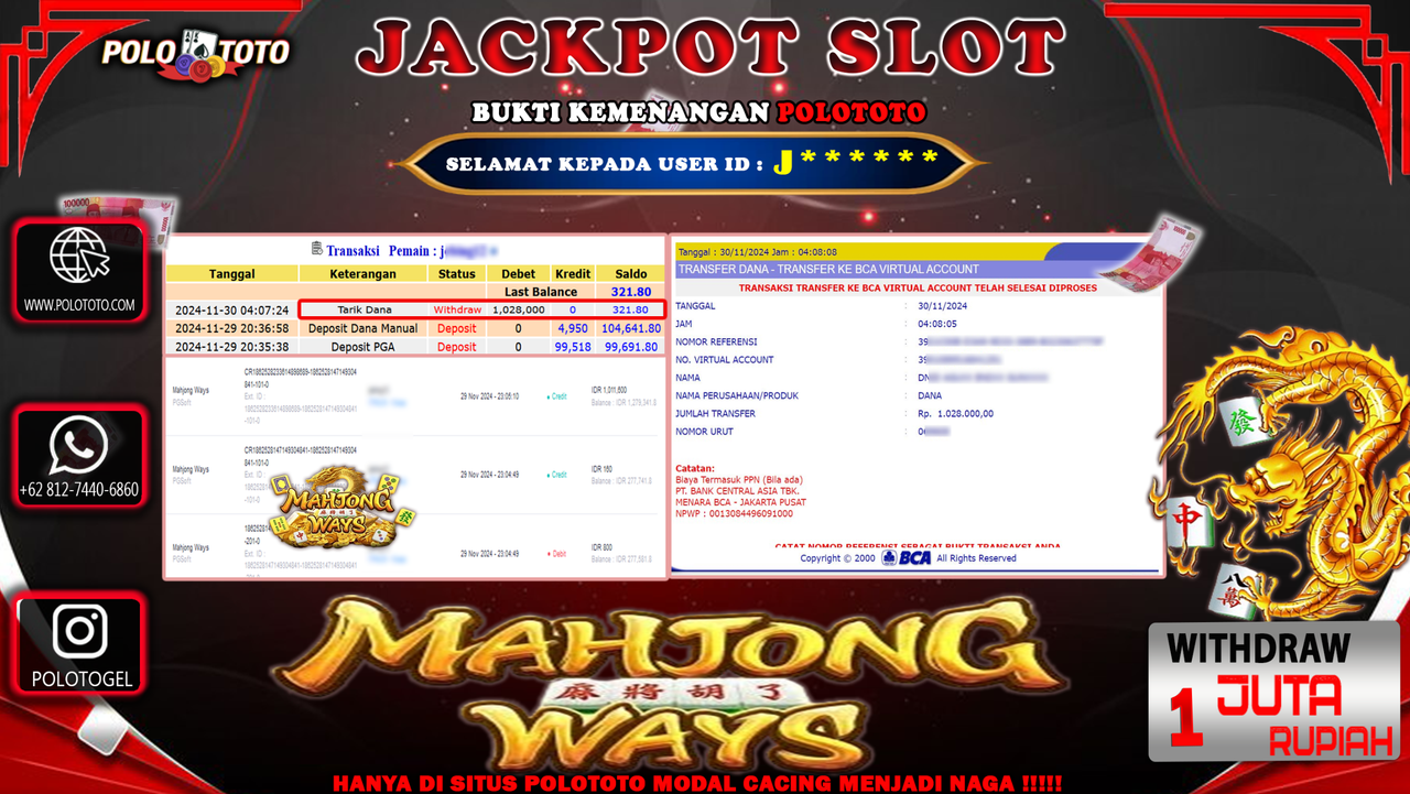 POLOTOTO JACKPOT SLOT MAHJONG WAYS Rp.1,028.000,-