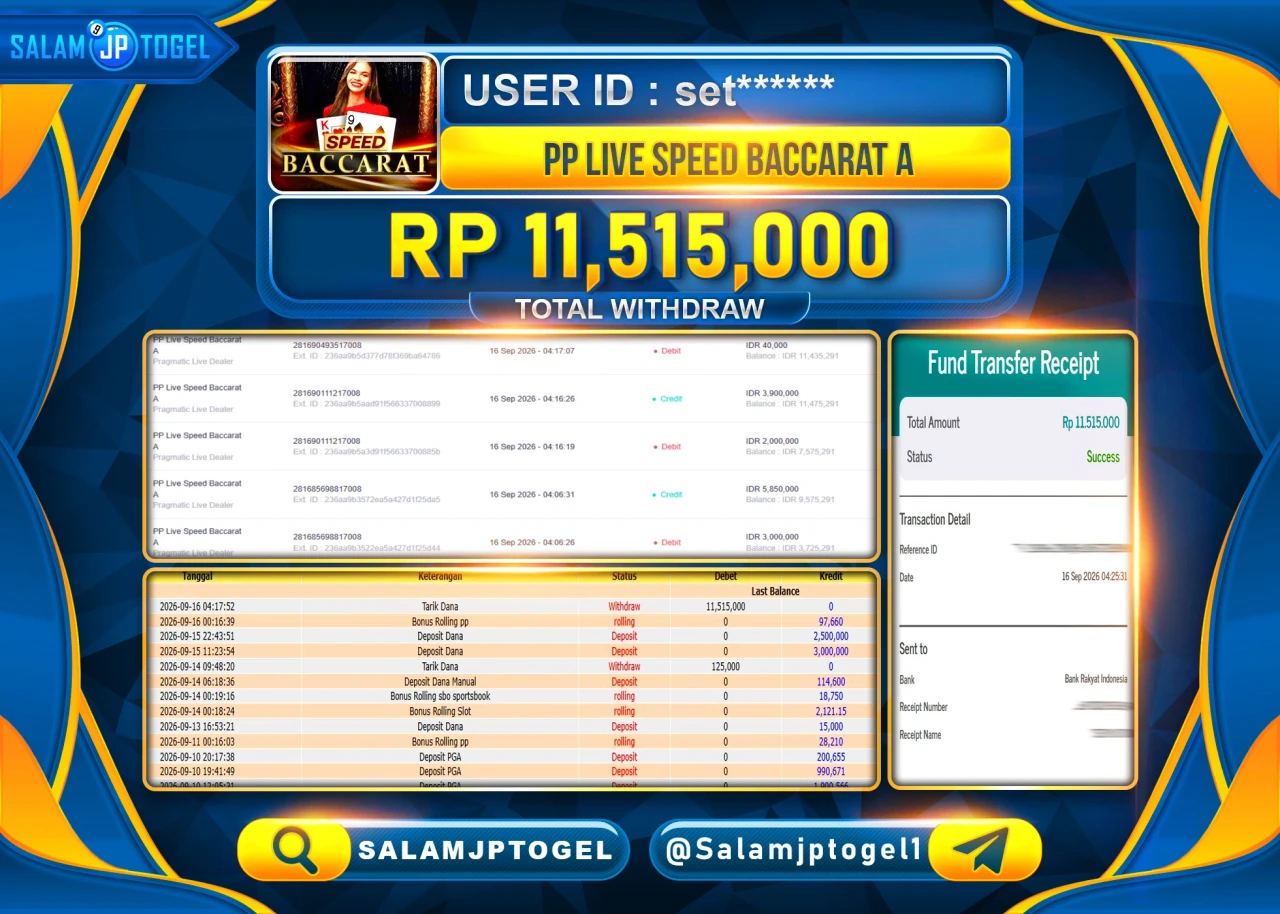 SALAMJPTOGEL JACKPOT MENANG LIVEGAMES PP LIVE SPEED BACCARAT A Rp.11,515,000 - LUNAS