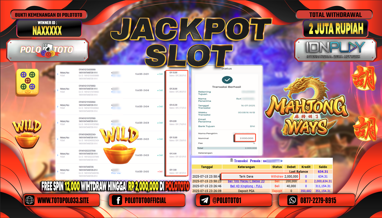 POLOTOTO JACKPOT SLOT MAHJONG WAYS Rp.2.000.000,- LUNAS