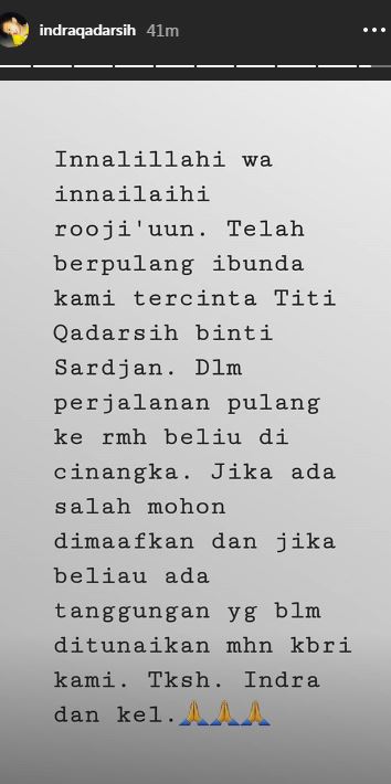 Pengumuman meninggalnya Titi Wadarsih
