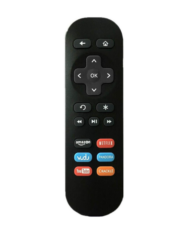 Control remoto universal para Roku mostrando sus botones de acceso directo a plataformas de streaming.