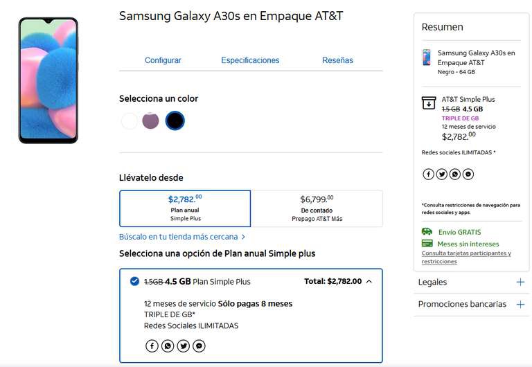 AT&T: Samsung Galaxy A30s en Empaque AT&T + 12 Meses de Servicio 4.5GB Mensuales 
