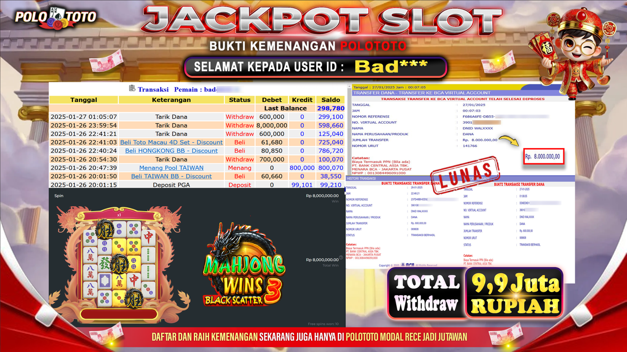 POLOTOTO JACKPOT SLOT MAHJONG WINS BLACK SCATTER 3 Rp.9,900.000,-