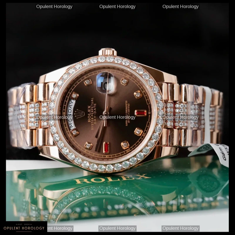 Rolex Day-Date 36 Chocolate Dial Gold Plated Moissanite Diamond