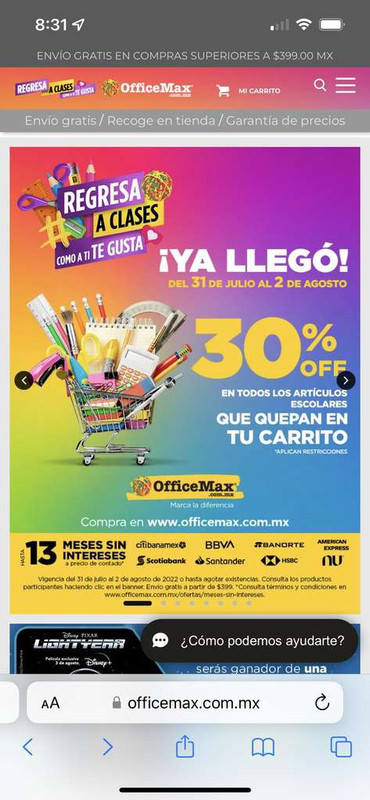 Office Max. 30% de descuento en todos los artículos escolares que quepan en tu carrito 
